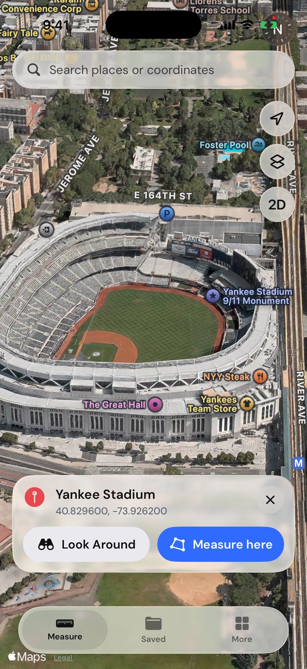 Yankee Stadium on a 3D satellite map in AreaMap, with Look Around and Measure here buttons.